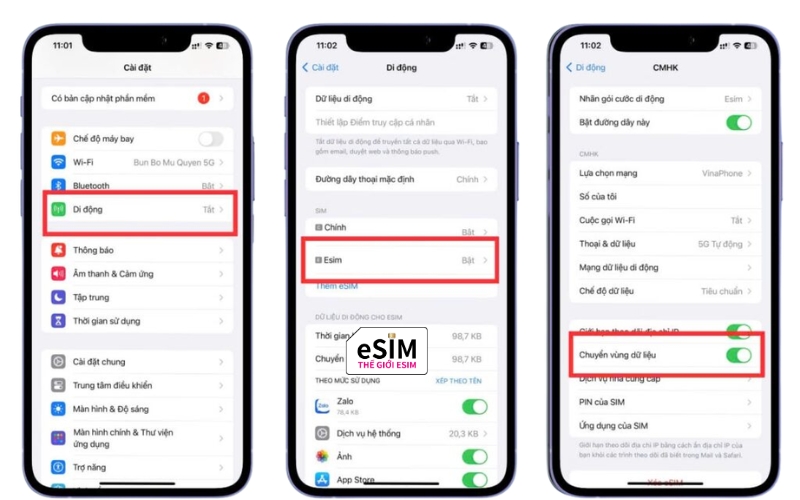 Bật chuyển vùng dữ liệu và không xóa mã QR giúp bạn sử dụng 2 eSIM cùng lúc ổn định.